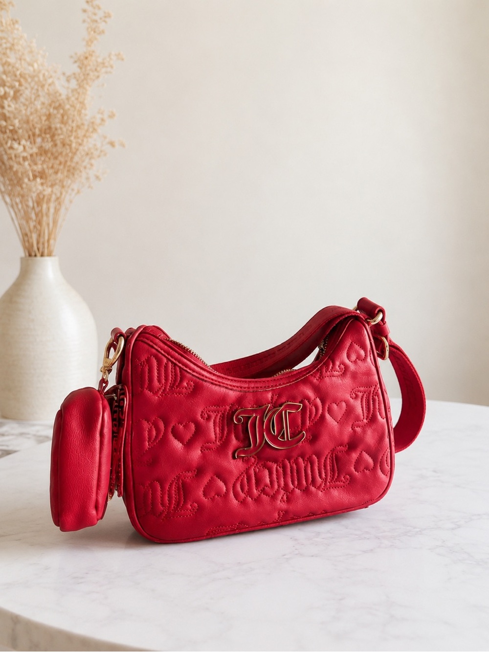 Juicy Couture Red Qulited Shoulder Bag with Mini Pouch Purse Gold Hardware